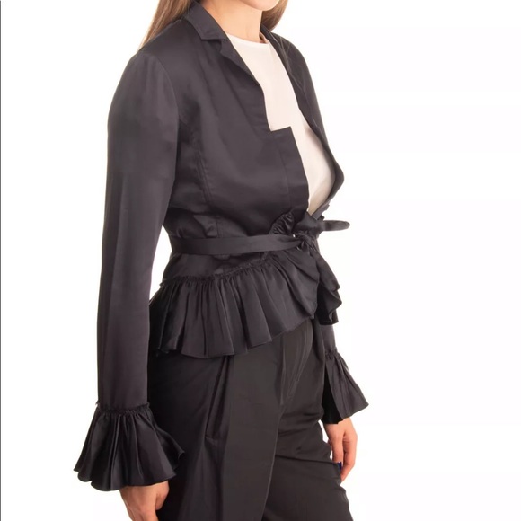 $750 TOME Satin Jacket Ruffle Belted Open Front - Picture 5 of 9